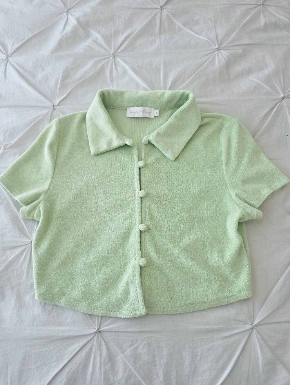 Beige Botany Short Sleeve Button Front Terry Cloth Cropped Top